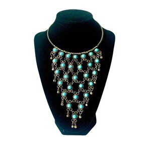 Choker Necklace with Turquois Color Cabochon Stones Chain Mail Mesh
